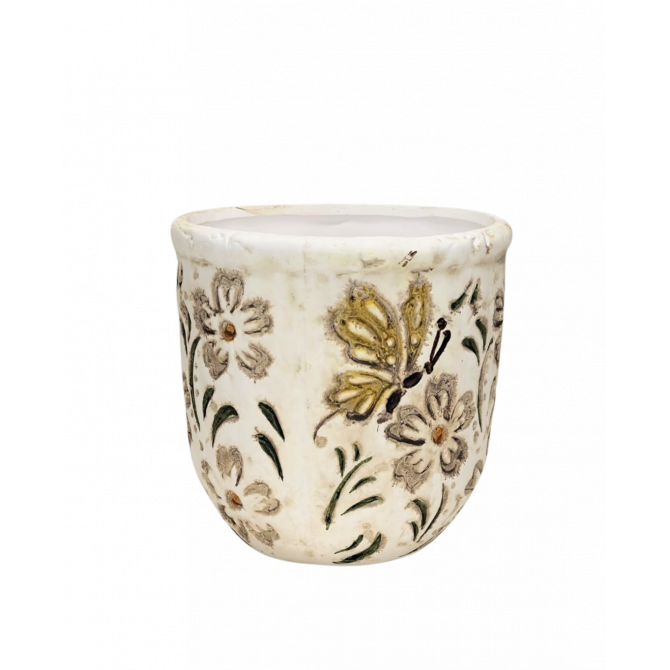 Puķu pods d11.5xh11cm ar krāsaniem ziediem ar paliktni