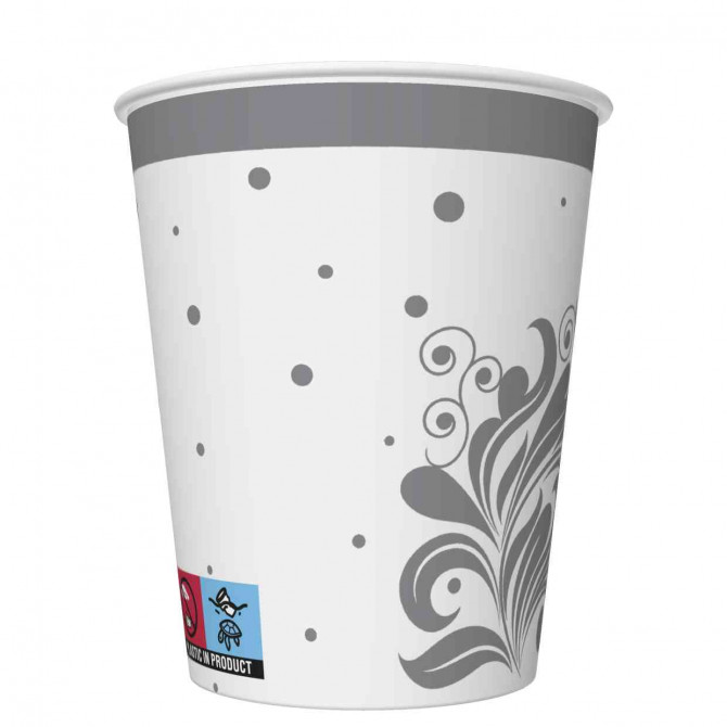 Papīra glāzes ar sudraba krāsas ziediem 8gab