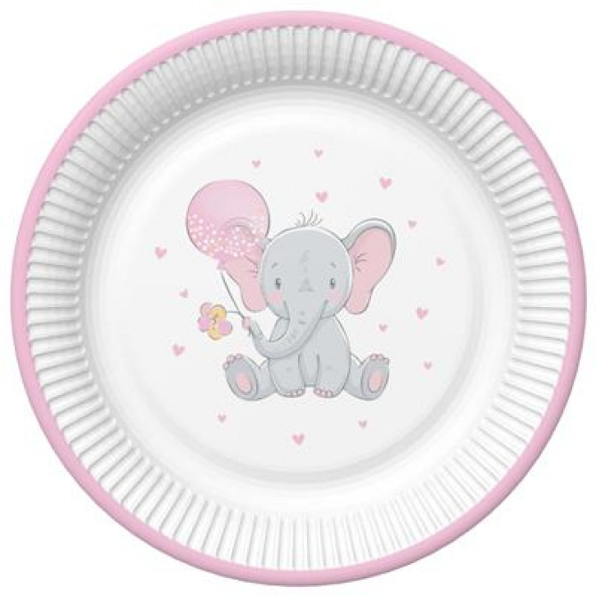 Papīra šķīvis zilonītis ar rozā balonu 22.7cm 8gab