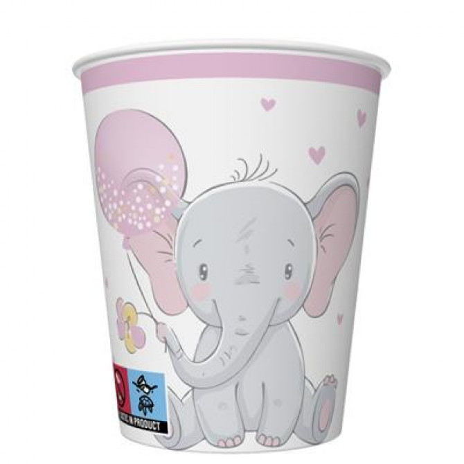 Papīra glāzes zilonītis ar rozā balonu 250ml 8gab